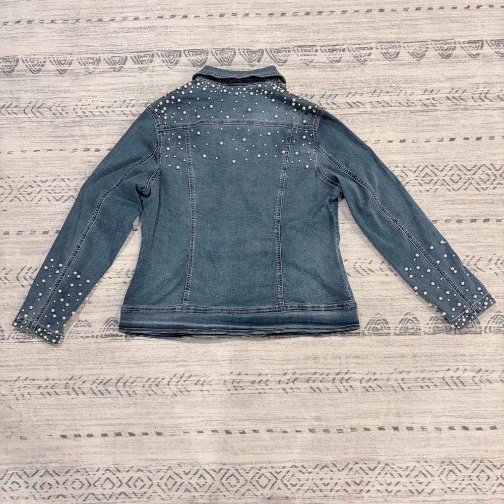 Glam Vintage Pearl Chic Denim Jean Stretchy Jacket Feminine Western Y2K Large - Picture 14 of 15